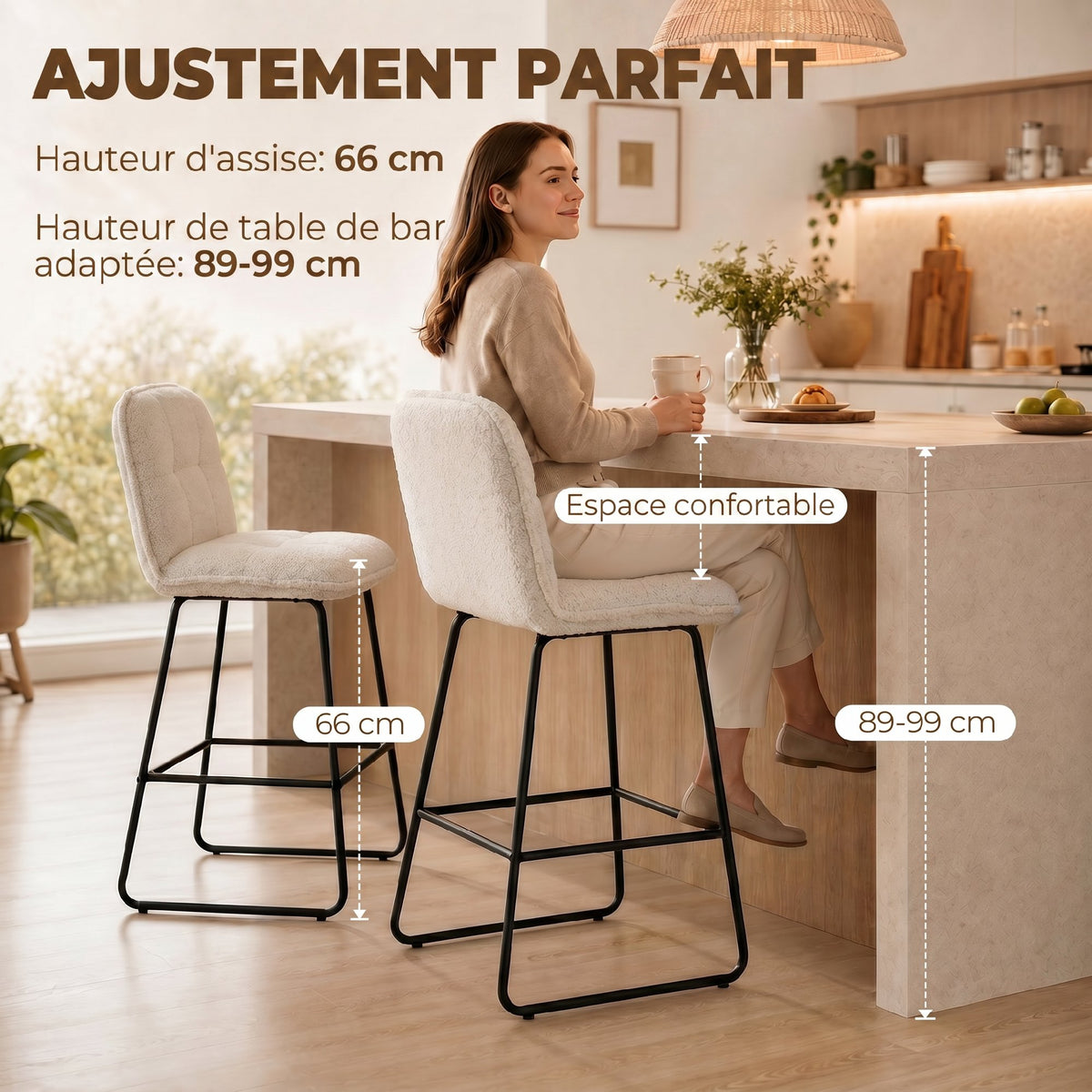 Lot de 2 tabourets de bar en tissu bouclette crème – vue 3