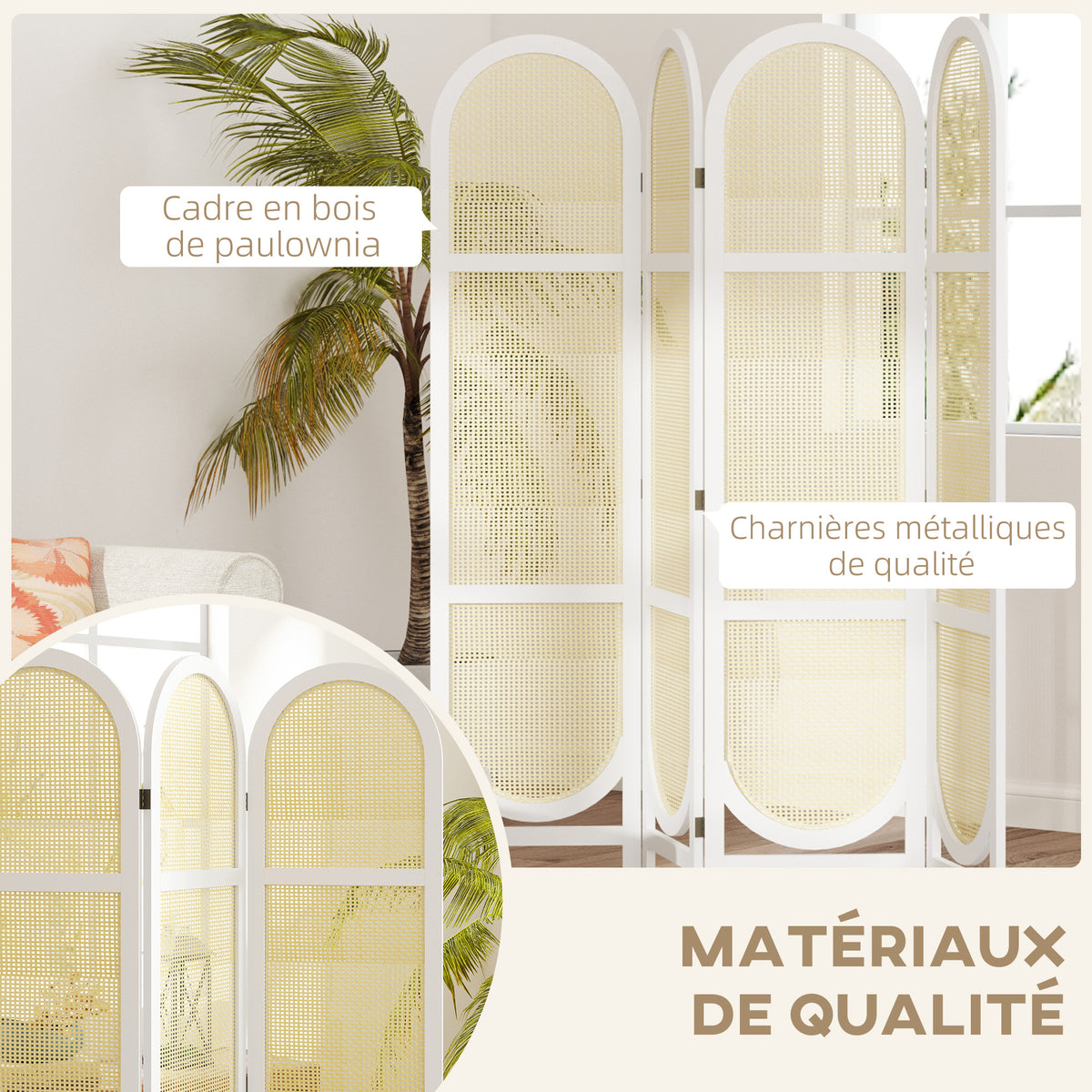 Paravent en bois blanc 4 panneaux – vue 8