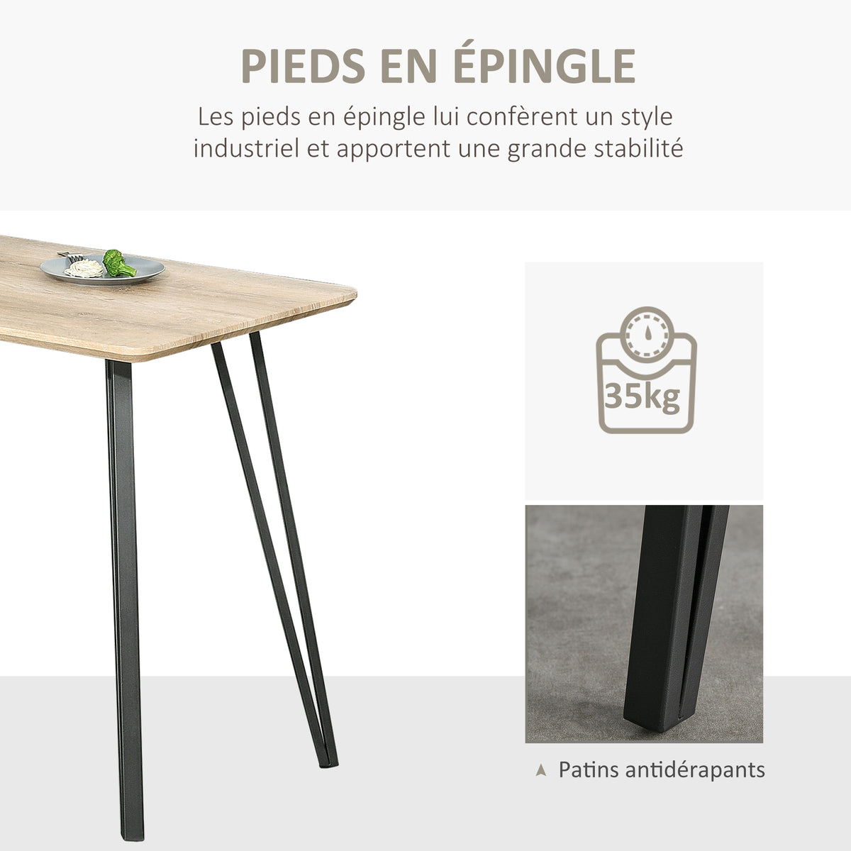 Table à manger industrielle 120 cm aspect chêne clair – vue 2