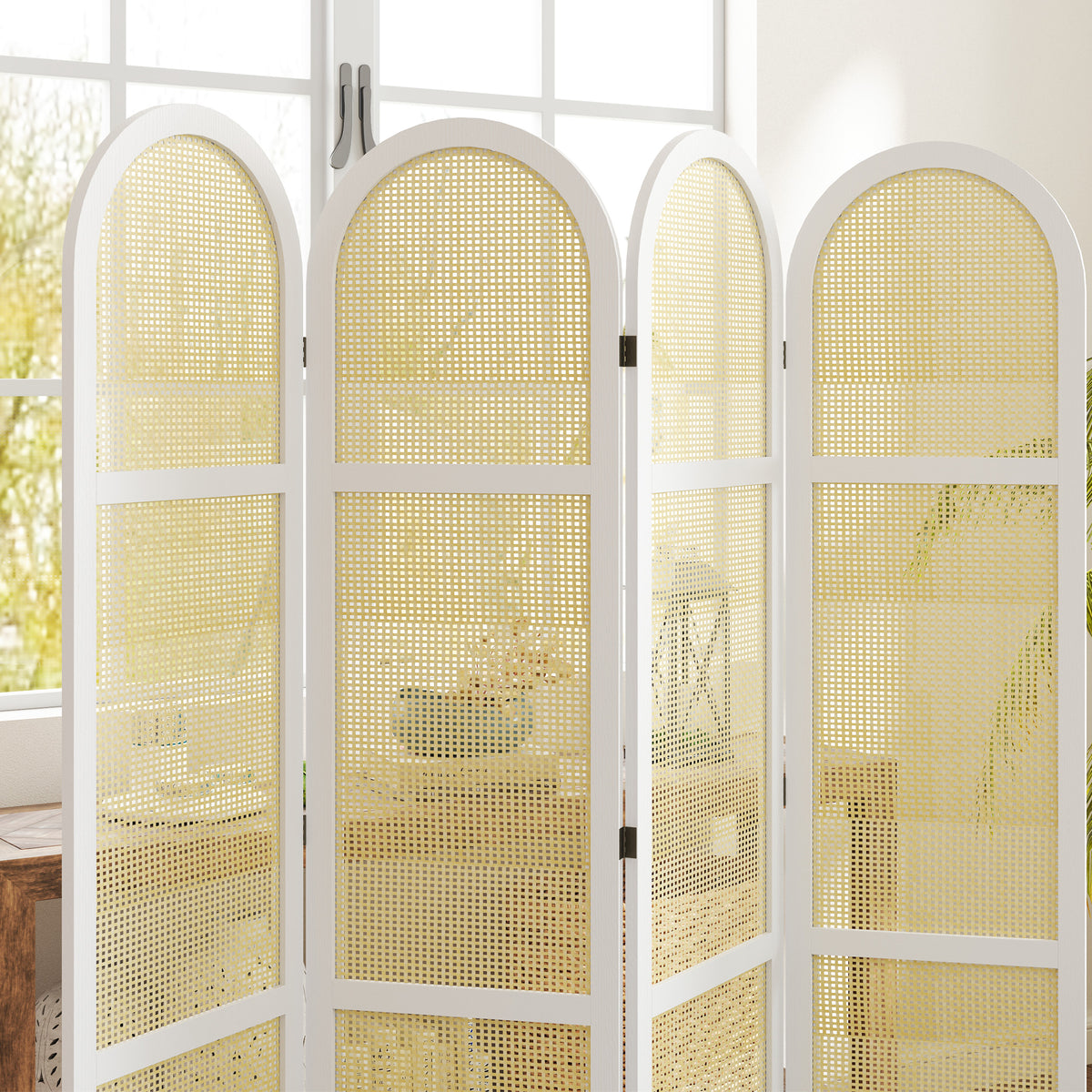 Paravent intérieur en bois blanc 4 panneaux tissé main – Maisoncalyma