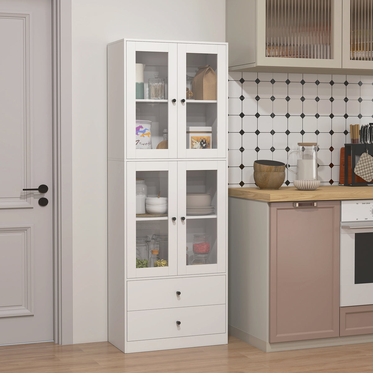 Buffet haut de cuisine blanc brillant avec portes vitrées – vue 5