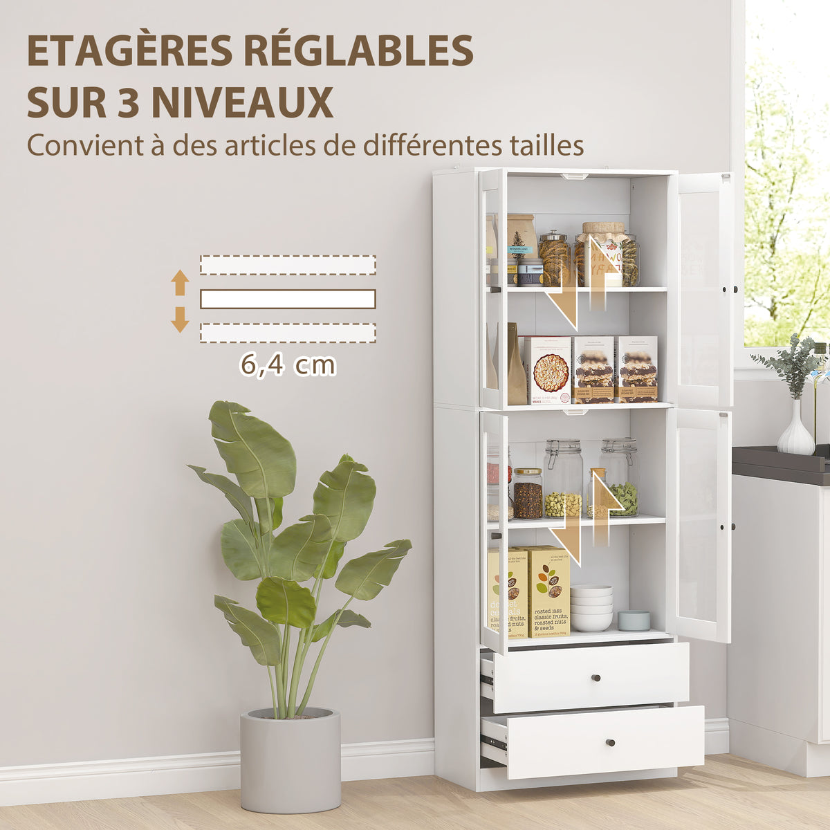 Buffet haut de cuisine blanc brillant avec portes vitrées – vue 7