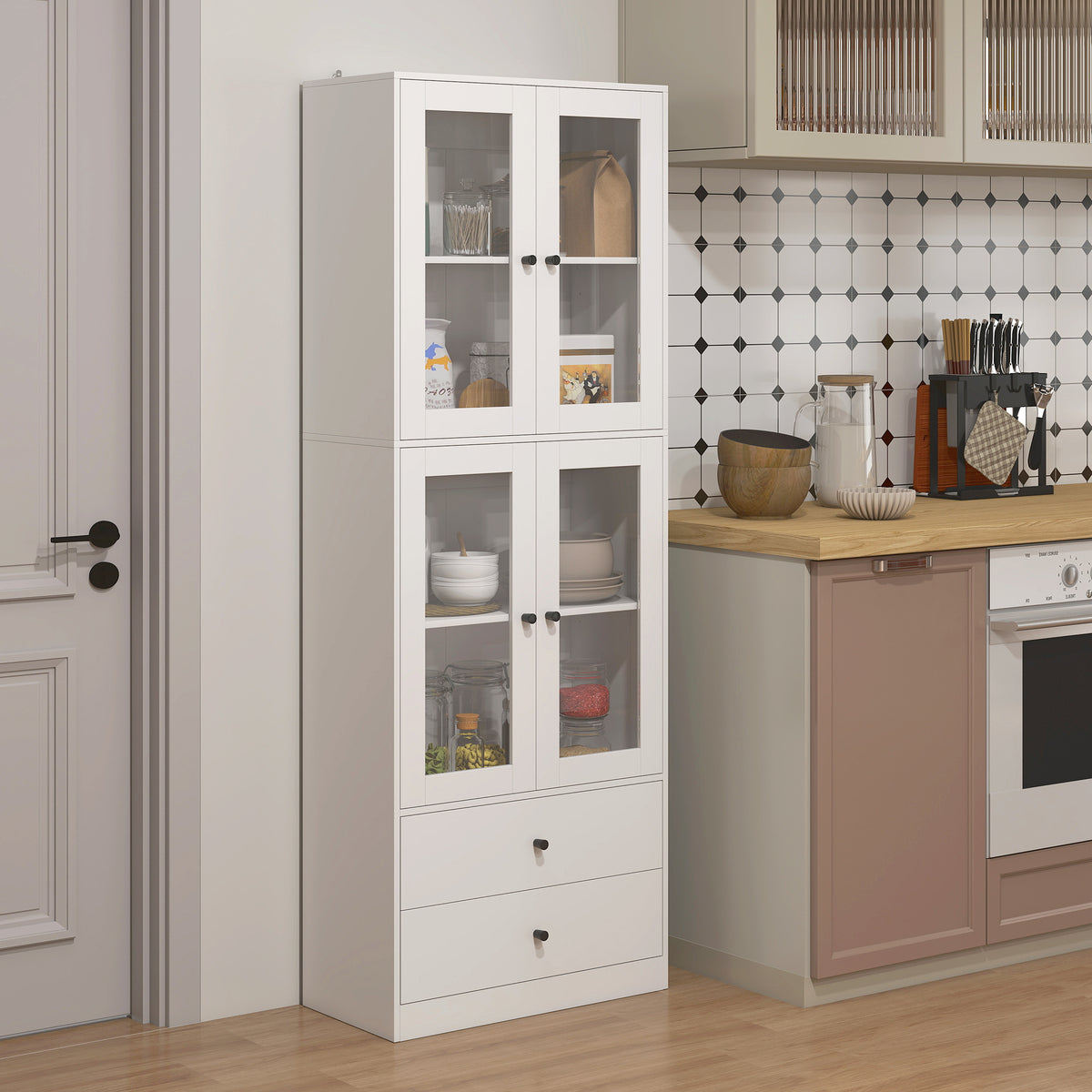 Buffet haut de cuisine blanc brillant avec portes vitrées – vue 2