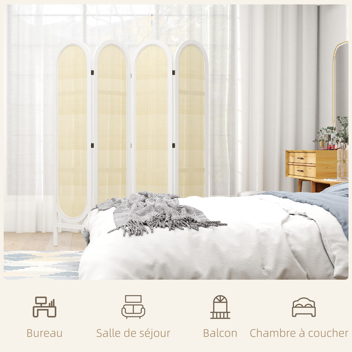 Paravent en bois blanc 4 panneaux – vue 5