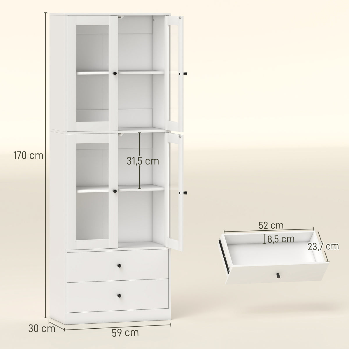 Buffet haut de cuisine blanc brillant avec portes vitrées – vue 3