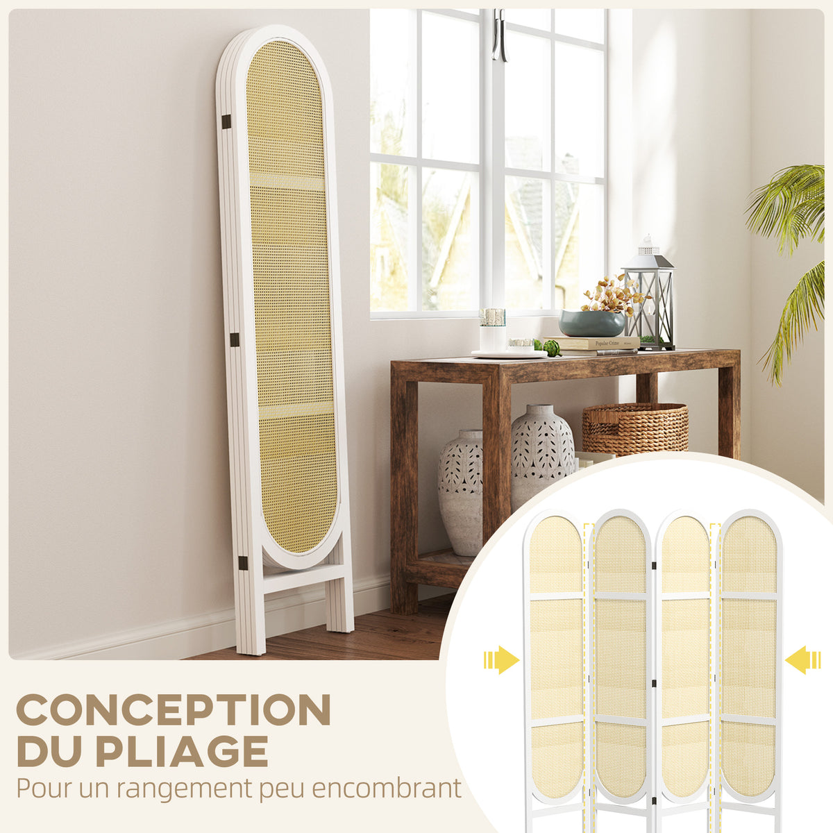 Paravent en bois blanc 4 panneaux – vue 3
